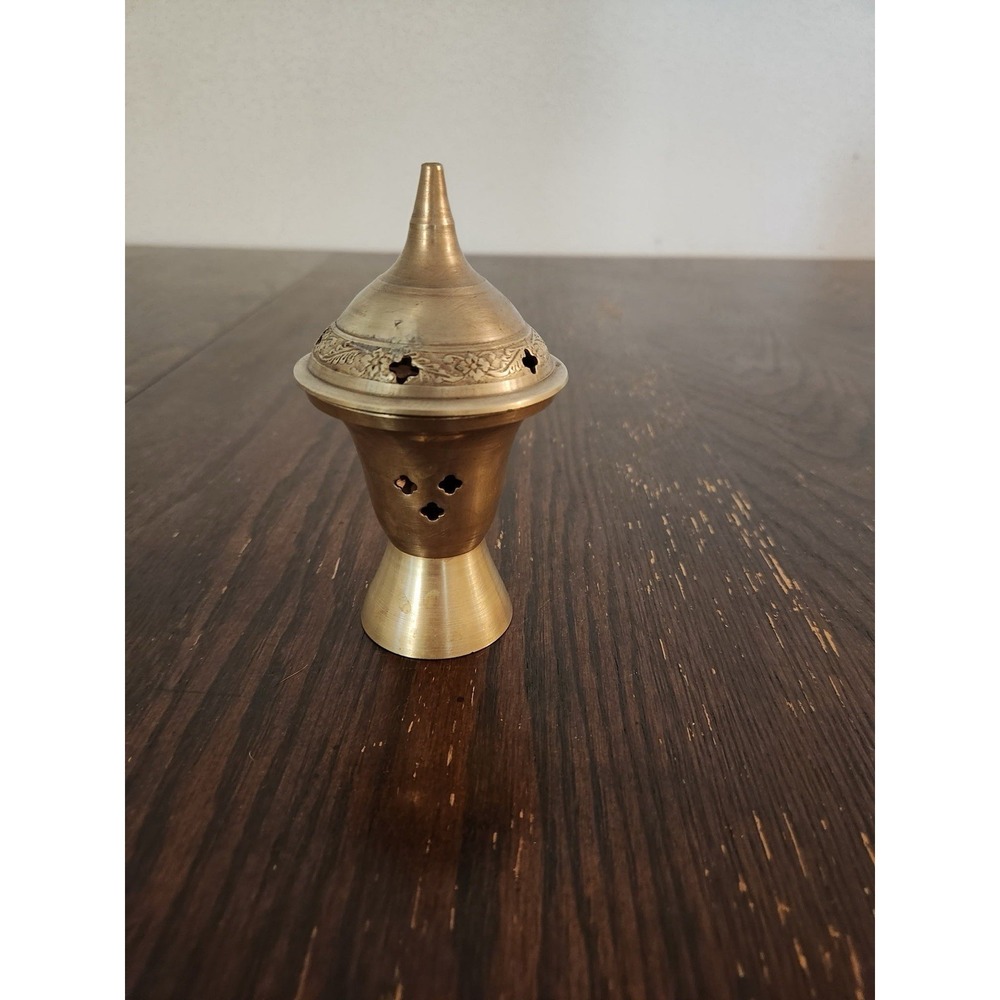 Vintage Solid Brass Incense Burner Potpourri Burner 5" Tall with Lid Pierced